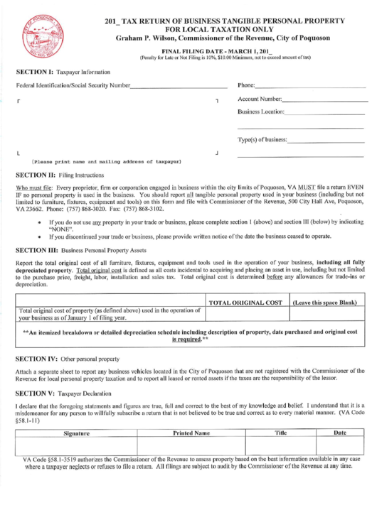 Tax Return Of Business Tangible Personal Property Form For Local Taxation Only - Poquoson, Virginia Commissioner Of The Revenue Printable pdf