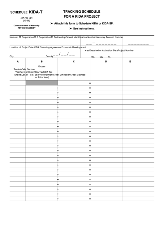 Tracking Schedule For A Kida Project - Kentucky Revenue Cabinet - 1998 Printable pdf
