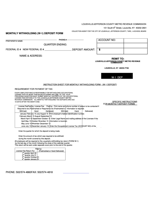 Fillable Monthly Withholding (W-1) Deposit Form - Louisville/jefferson County Metro Revenue Commission Printable pdf