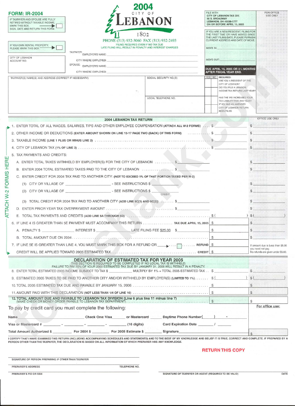 Form Ir-2004 - 2004 Lebanon Tax Return - Ohio