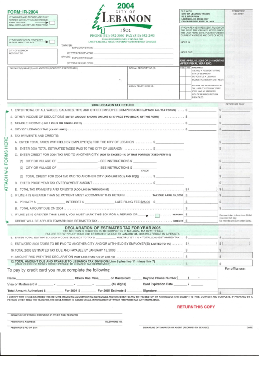 Form Ir-2004 - 2004 Lebanon Tax Return - Ohio Printable pdf