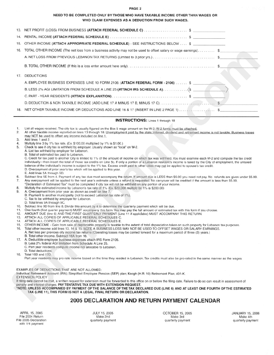 Form Ir-2004 - 2004 Lebanon Tax Return - Ohio