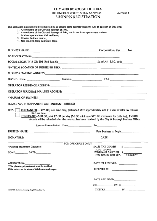 Business Registration Form - City And Borough Of Sitka, Alaska Printable pdf