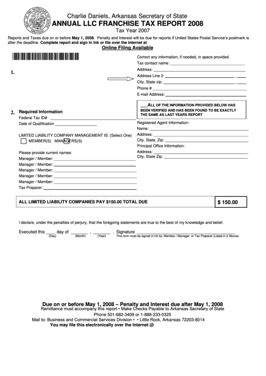 Annual Llc Franchise Tax Report Form - Arkansas Secretary Of State - 2008 Printable pdf