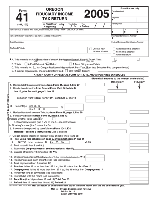 Fillable Form 41 - Oregon Fiduciary Income Tax Return - 2005 Printable pdf