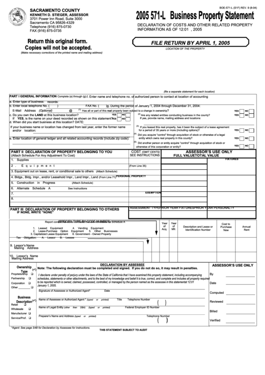 Form Boe-571-L - Business Property Statement - 2005 Printable pdf