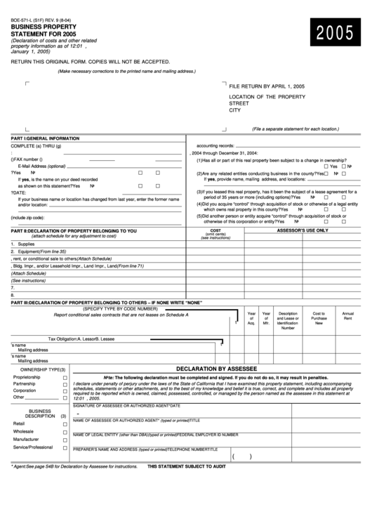Form Boe-571-L - Business Property Statement For 2005 Printable pdf