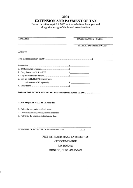 2004 Extension And Payment Tax Form printable pdf download