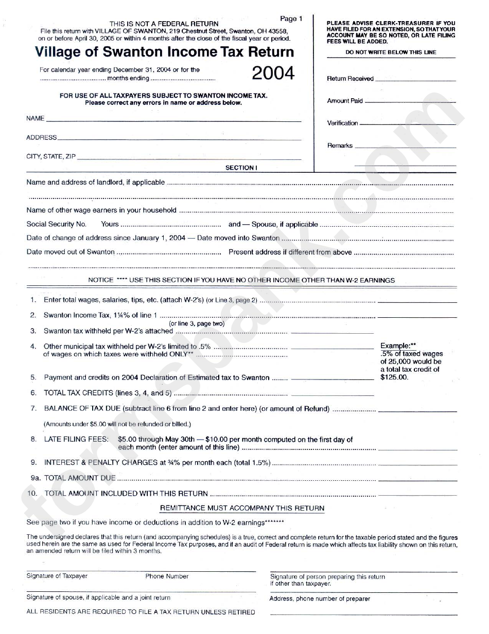Village Of Swanton Income Tax Return Form 2004