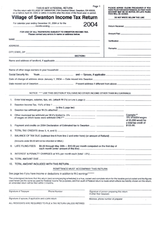 Village Of Swanton Income Tax Return Form 2004 Printable pdf