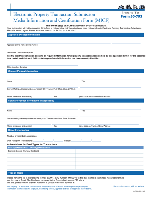 Fillable Form 50-793 - Electronic Property Transaction Submission Media Information And Certification Form (Micf) - Texas Comptroller Of Public Accounts Printable pdf