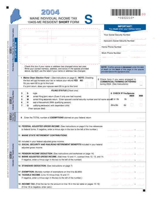 Form 1040s Me Maine Individual Income Tax 2004 Printable Pdf Download