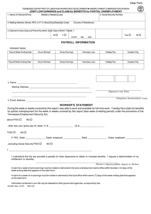 Fillable Form Lb-0487 - Joint Low Earnings And Claim For Benefits For Partial Unemployment Printable pdf
