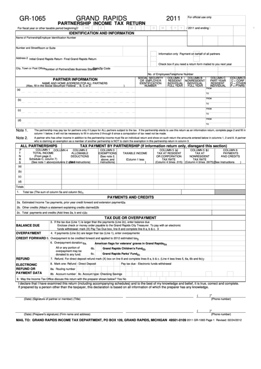 Form Gr-1065 - Partnership Income Tax Return-Grand Rapids - 2011 Printable pdf