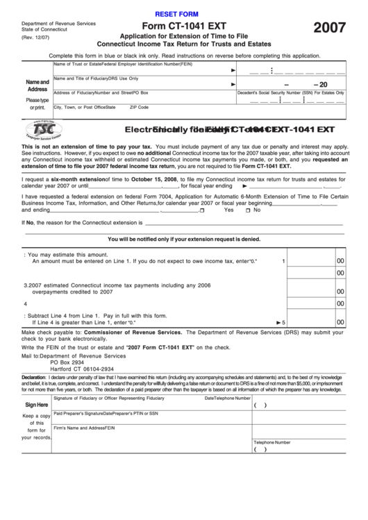 Fillable Form Ct-1041 Ext - Application For Extension Of Time To File Connecticut Income Tax Return For Trusts And Estates - 2007 Printable pdf