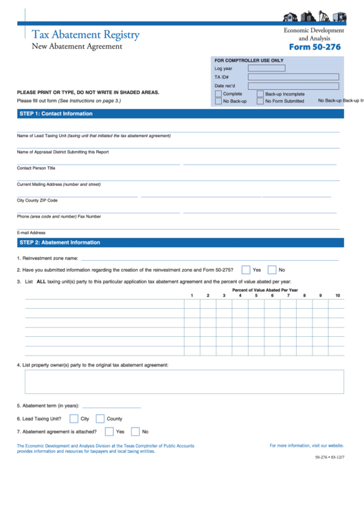Fillable Form 50-276 - Tax Abatement Registry - Texas Comptroller Of Public Accounts Printable pdf