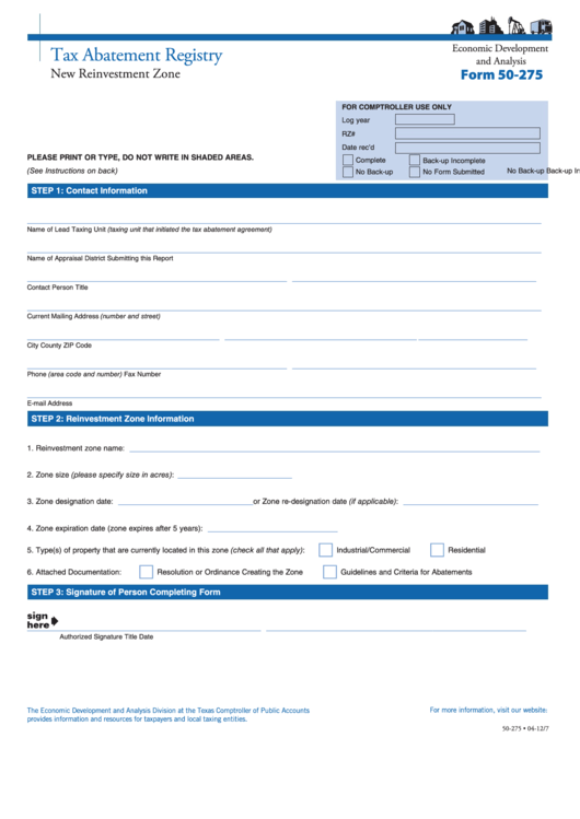 Fillable Form 50-275 - Tax Abatement Registry - Texas Comptroller Of Public Accounts Printable pdf