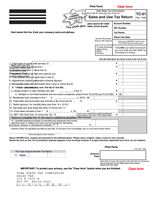 Fillable Form Tc-61 - Sales And Use Tax Return Printable pdf