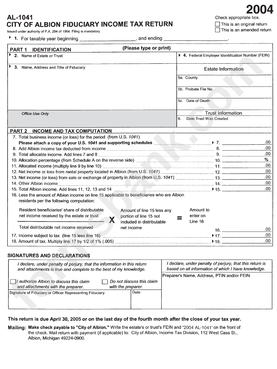 Form Al-1041 - City Of Albion Fiduciary Income Tax Return 2004 - Michigan Income Tax Division