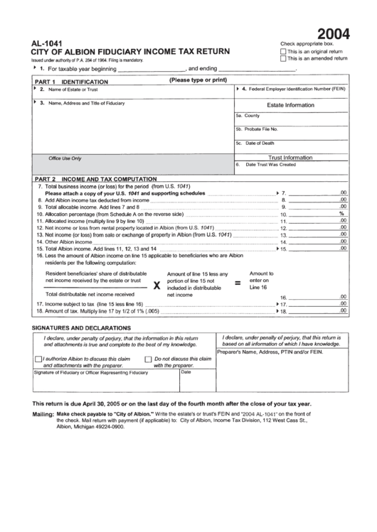 Form Al-1041 - City Of Albion Fiduciary Income Tax Return 2004 - Michigan Income Tax Division Printable pdf