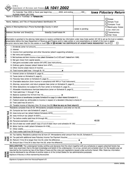 Form Ia 1041 - Iowa Fiduciary Return - 2002 Printable pdf