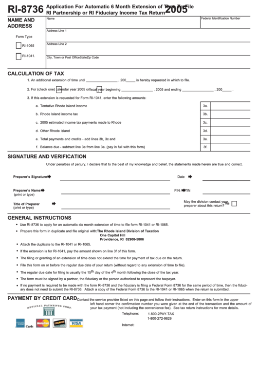 Form Ri-8736 - Application For Automatic 6 Month Extension Of Time To File Ri Partnership Or Ri Fiduciary Income Tax Return - 2005 Printable pdf