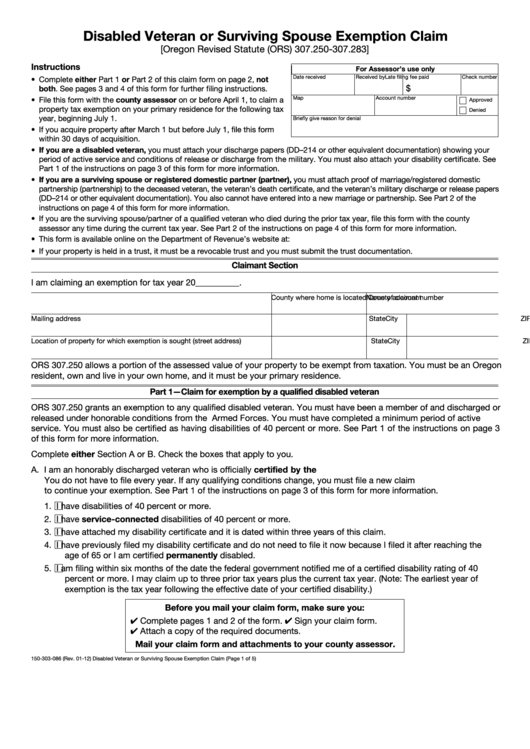 Fillable Form 150-303-086 - Disabled Veteran Or Surviving Spouse Exemption Claim - 2012 Printable pdf