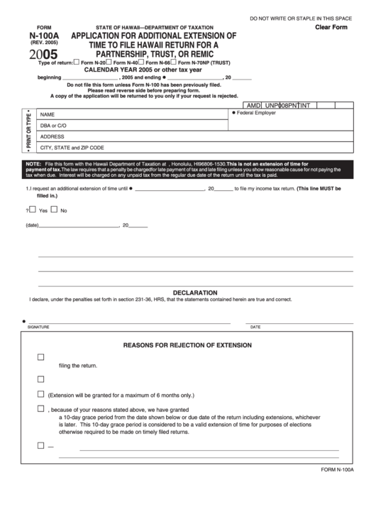 Fillable Form N-100a - Application For Additional Extension Of Time To File Hawaii Return For A Partnership, Trust, Or Remic - 2005 Printable pdf