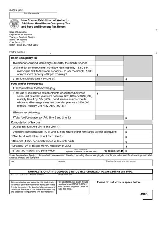 Fillable Form R-1325 - Additional Hotel Room Occupancy Tax And Food And Beverage Tax Return - 2002 Printable pdf