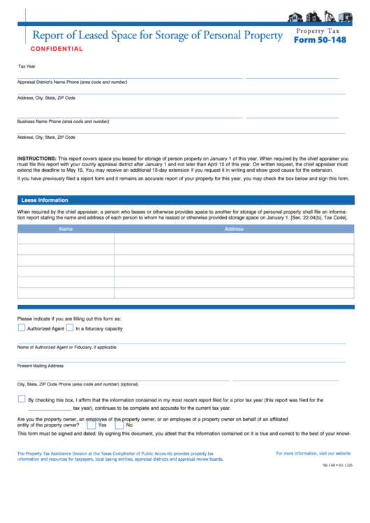Fillable Form 50-148 - Report Of Leased Space For Storage Of Personal Property - Texas Comptroller Of Public Accounts Printable pdf