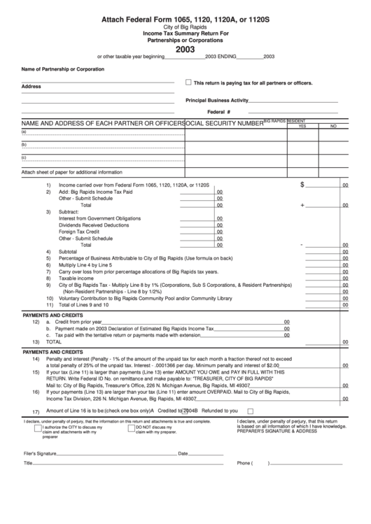 Income Tax Summary Return For Partnerships Or Corporations - City Of Big Rapids - 2003 Printable pdf