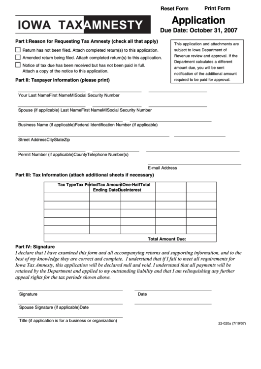 Fillable Form 22-020a - Iowa Tax Amnesty Application - 2007 Printable pdf