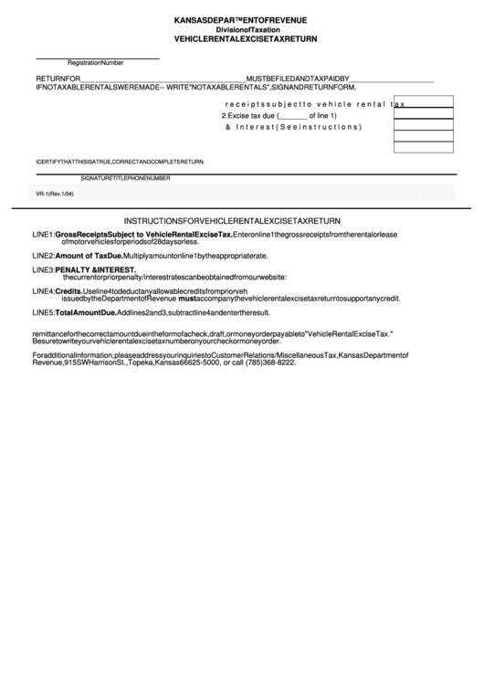 Form Vr-1 - Vehicle Rental Excise Tax Return - Kansas Department Of Revenue Printable pdf