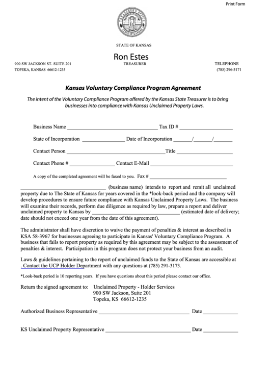 Fillable Kansas Voluntary Compliance Program Agreement Form Printable pdf