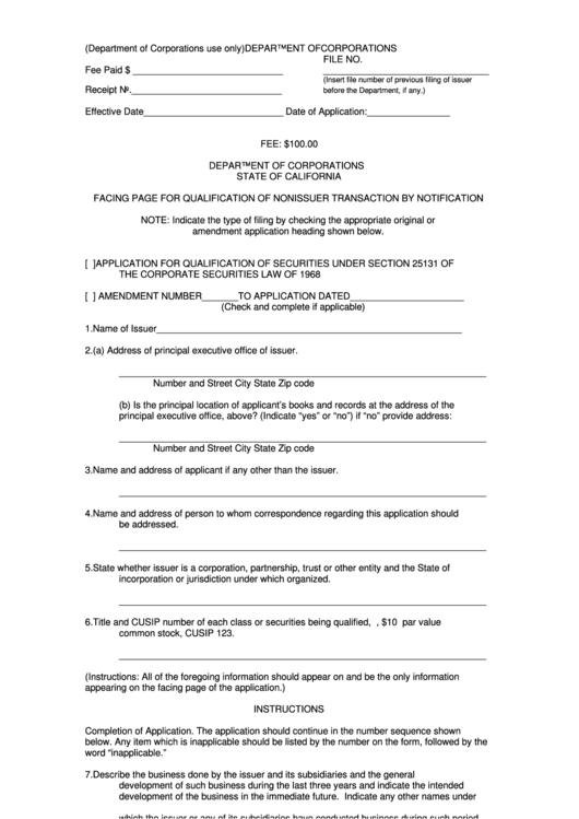 Form 260.131 - Facing Page For Qualification Of Nonissuer Transaction By Notification - Department Of Corporations Printable pdf