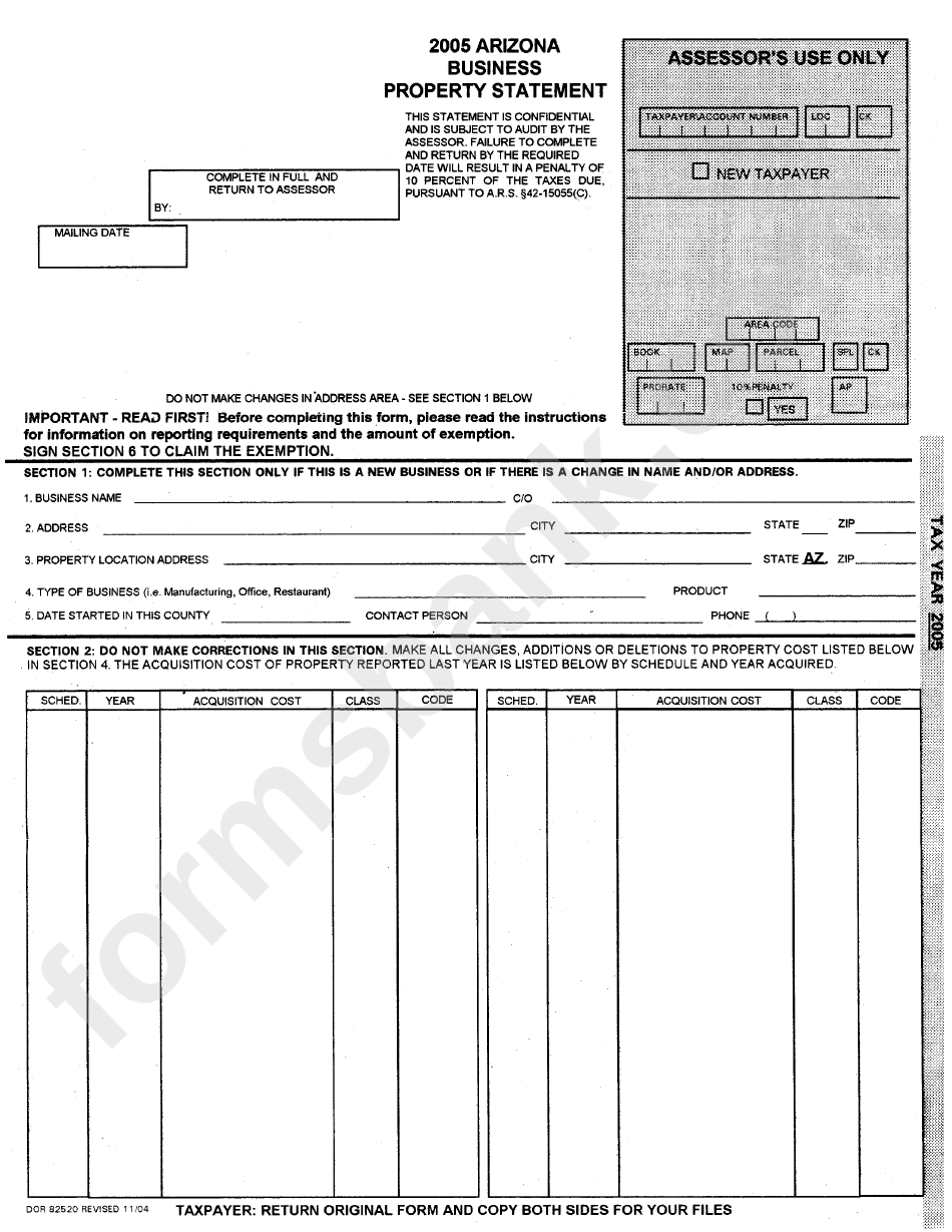 2005 Arizona Business Property Statement Form