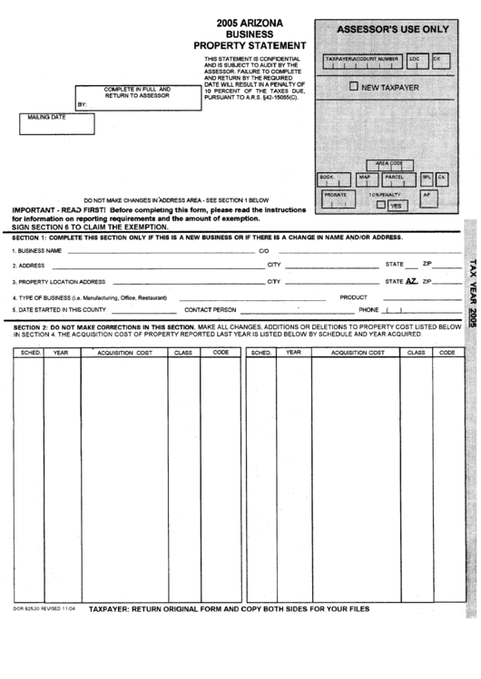 2005 Arizona Business Property Statement Form Printable pdf