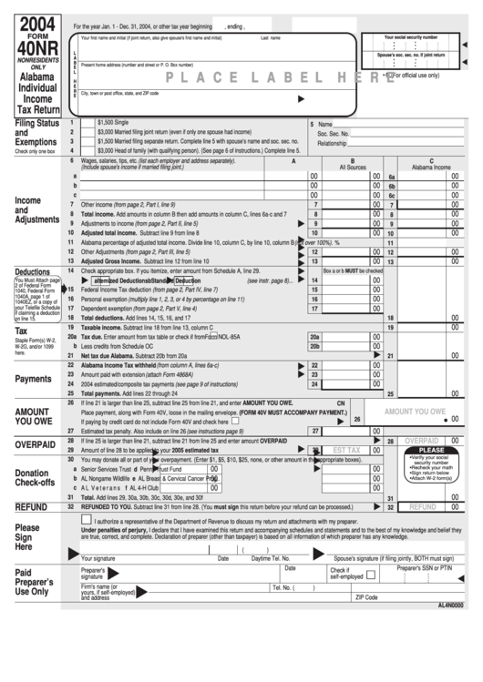 Form 40nr - Alabama Individual Income Tax Return - 2004 Printable pdf