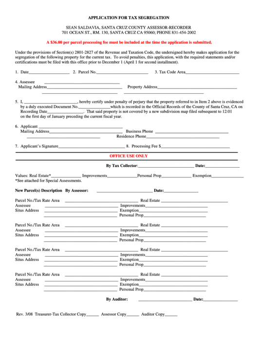 Fillable Application For Tax Segregation Form - Santa Cruz County, California Printable pdf