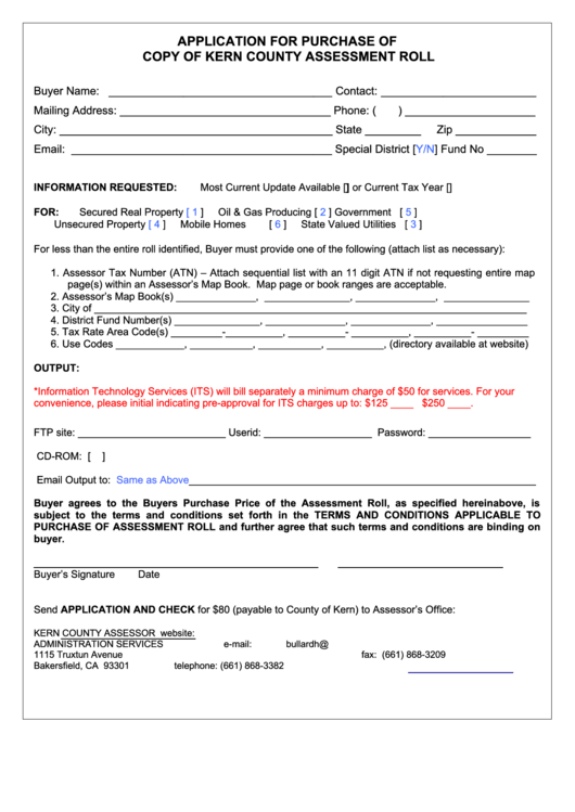 Application For Purchase Of Copy Of Kern County Assessment Roll Printable pdf