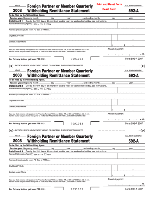 Fillable California Form 592-A - Foreign Partner Or Member Quarterly Withholding Remittance Statement - 2008 Printable pdf