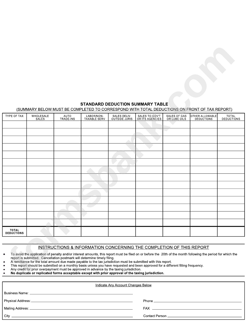 Tax Report Form - Standard Deduction Summary Table