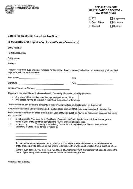 Form Ftb 3557 A Llc - Application For Certificate Of Revivor Printable pdf