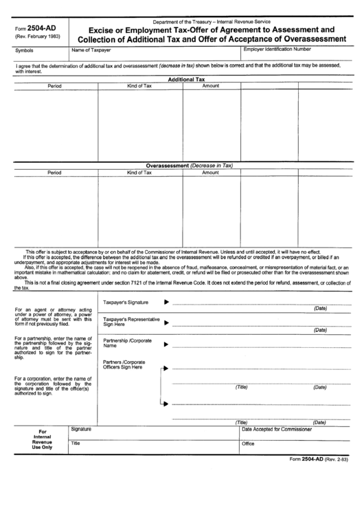 Form 2504-Ad - Excise Or Employment Tax-Offer Of Agreement Of Assessment And Collection Of Additional Tax And Offer Of Acceptance Of Overassessment Printable pdf