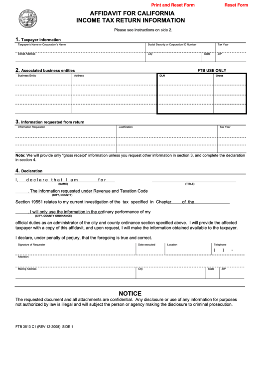 Fillable Form Ftb 3513 - Affidavit For California Income Tax Return Information Printable pdf