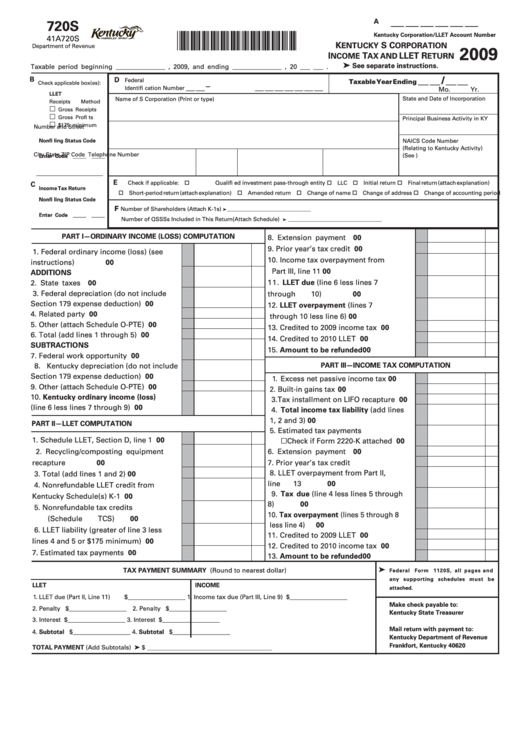 Form 720s - Kentucky S Corporation Income Tax And Llet Return - 2009 Printable pdf