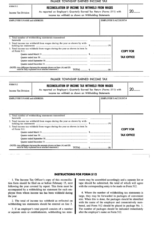 Form 512 - Reconciliation Of Income Tax Withheld From Wages - Palmer Township Printable pdf