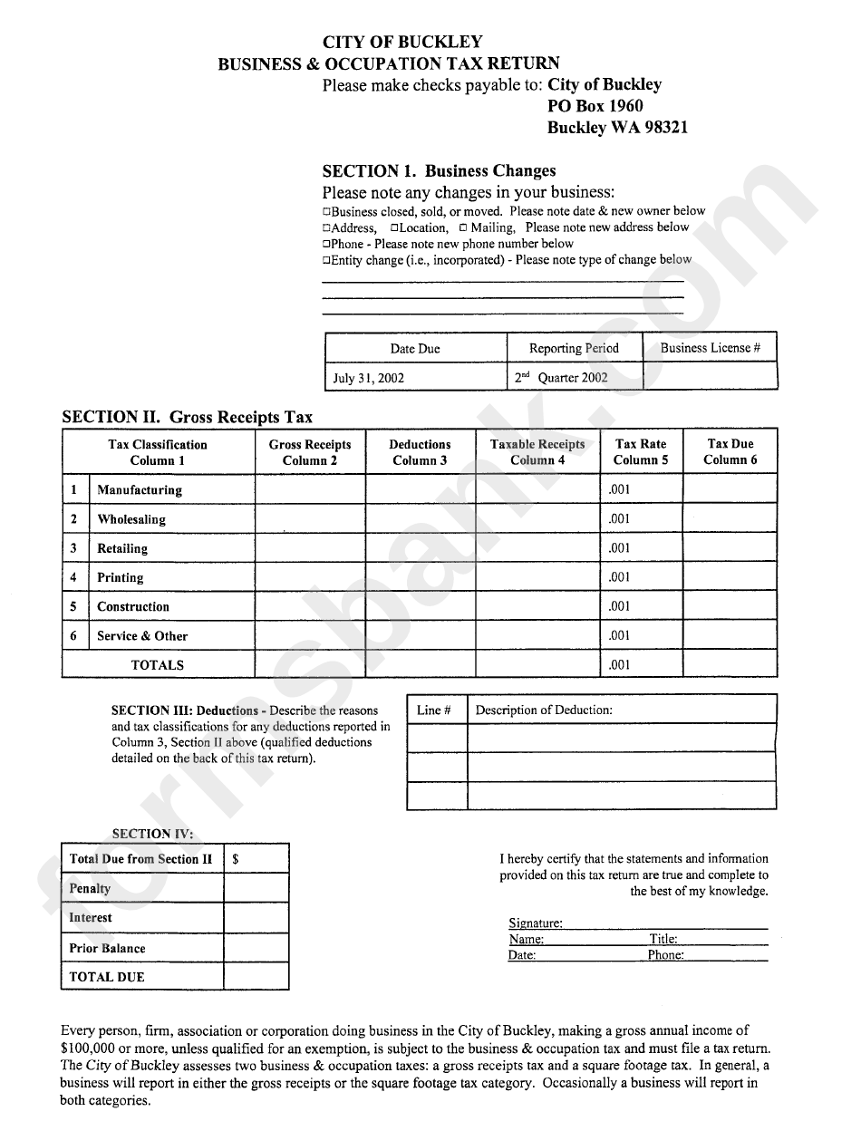 Business And Occupation Tax Return Form - City Of Buckley