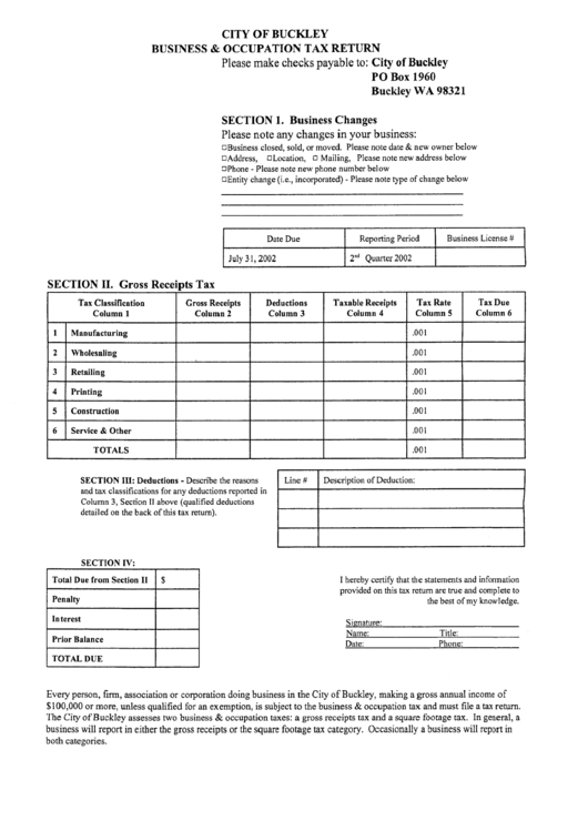 Business And Occupation Tax Return Form - City Of Buckley Printable pdf