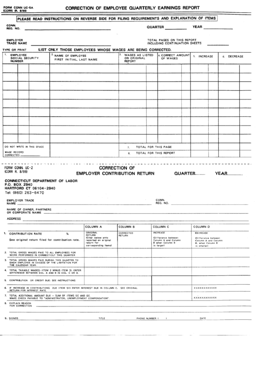 Form Conn Uc-5a - Correction Of Employee Quarterly Earnings Report Printable pdf